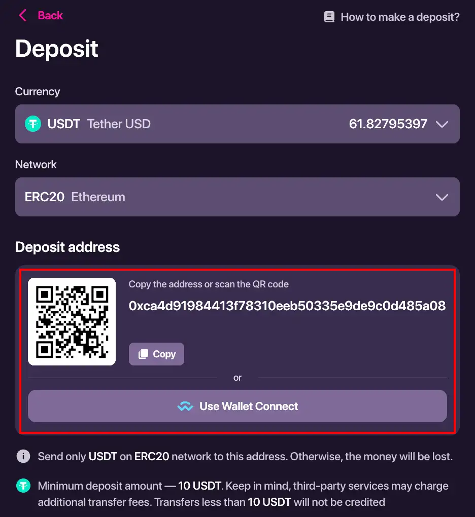 Okno pro kryptoměnový vklad na CHEXX s výběrem aktiva a sítě